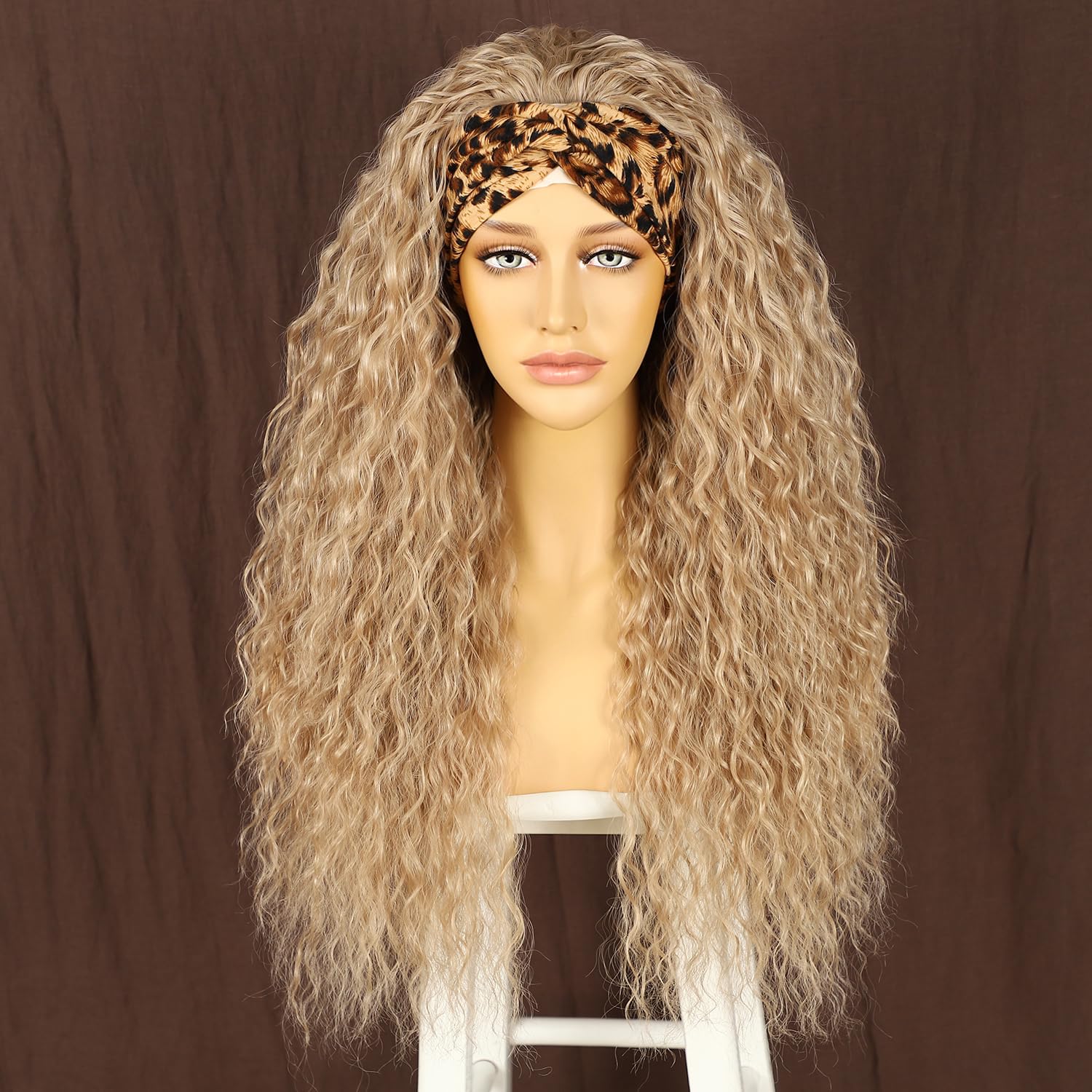 Sapphirewigs Curly Headband Wig Ash Blonde Synthetic Hair Loose Water Wave Headband Wigs for Women Glueless 150% Density 26 inch — image 1
