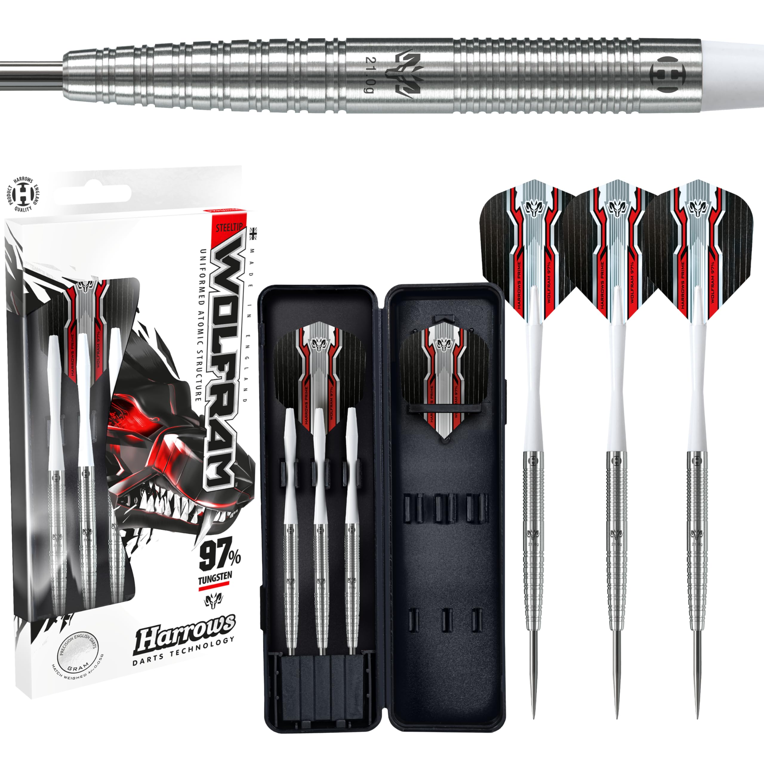 Harrows Wolfram 97% Tungsten Steel Tip Darts Set 21g, 22g, 23g, 24, 25g & 26g - Includes Speedline Shafts, Marathon - Wolfram Flights & Travel Case 22g