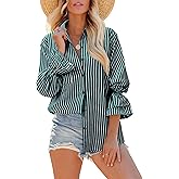 Gleeivy Oversize Striped Button Down Shirts Women Smocked Boyfriend Long Sleeve Blouse Ruffle Casual Tops with Pocket