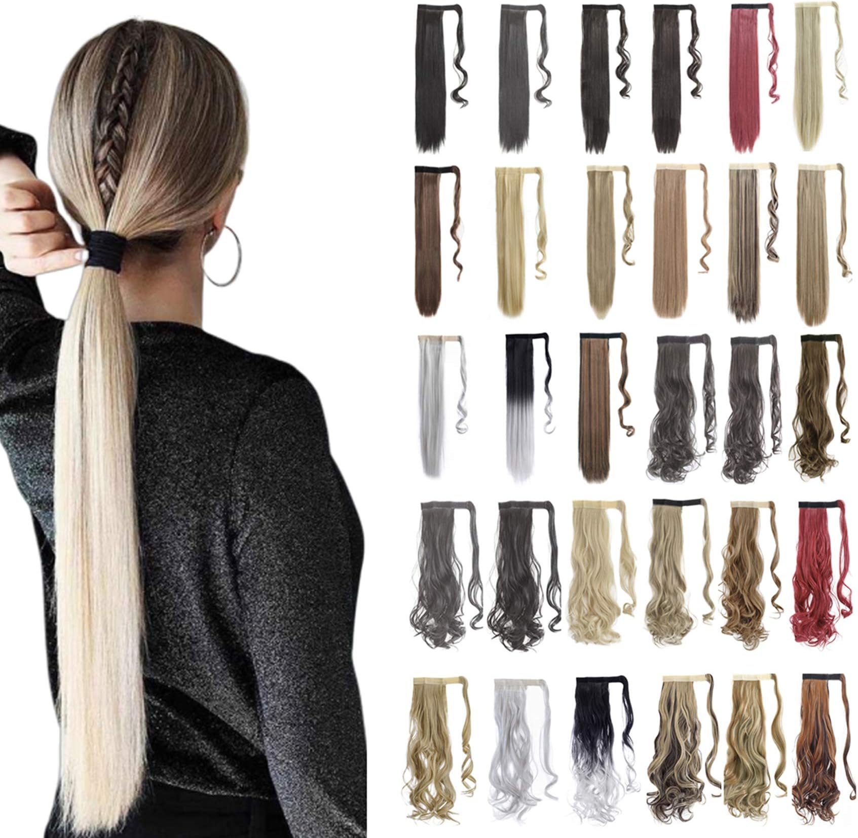 Ponytail Extension Wrap Around 18" 24" Synthetic Drawstring Hair Piece Clip in Hair extensions Dark Brown Mix Ash Blonde