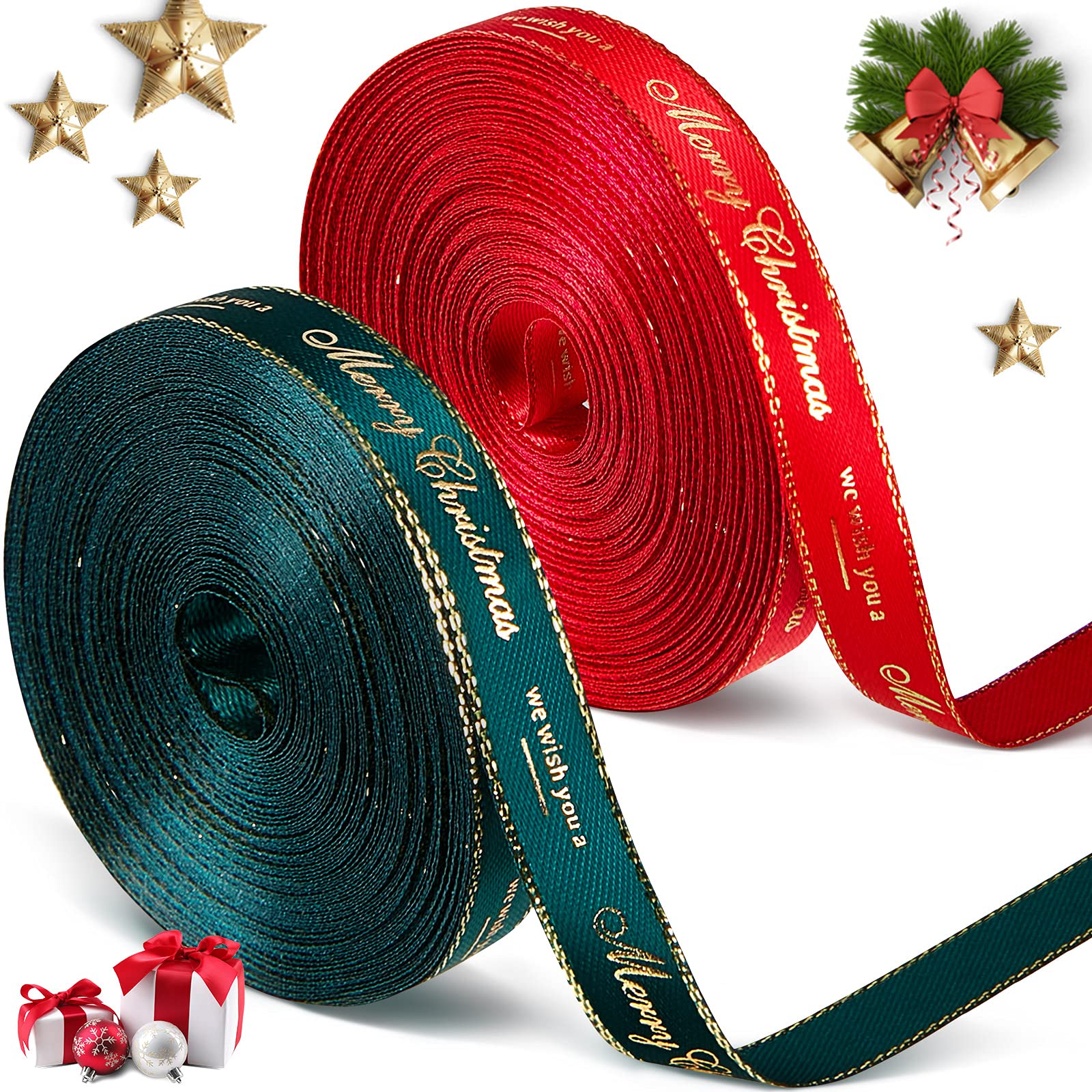 2 Roll 20 Yard Christmas Ribbon for Gift Wrapping, Red Green Xmas Satin Ribbon 10 mm x 10 Yard Each, Gold Trim Merry Christmas Decor for Crafting, Xmas Tree, Presents Flowers DIY Gift Basket