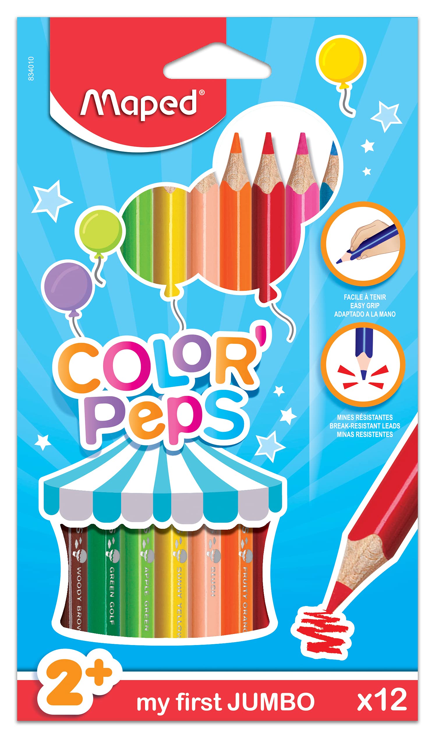 Maped Color'Peps My First Jumbo Colouring Pencils - Large Diameter Coloured Pencils in 12 Bright Colours - Suitable for Children Age 2+