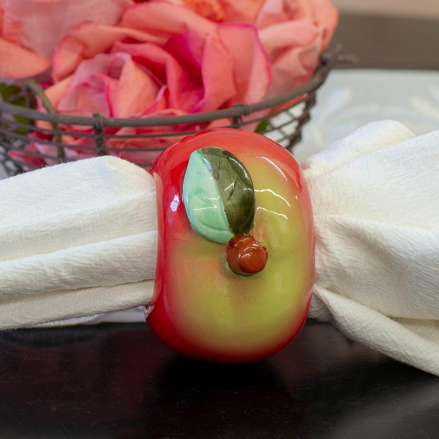 Design Imports Apple Orchard Cotton Table Linens, Hand Painted Ceramic Apple Napkin Rings, Set of 4: Home & Kitchen