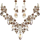 BriLove Women's Costume Fashion Crystal Floral Vine Leaf Statement Necklace Dangle Earrings Set