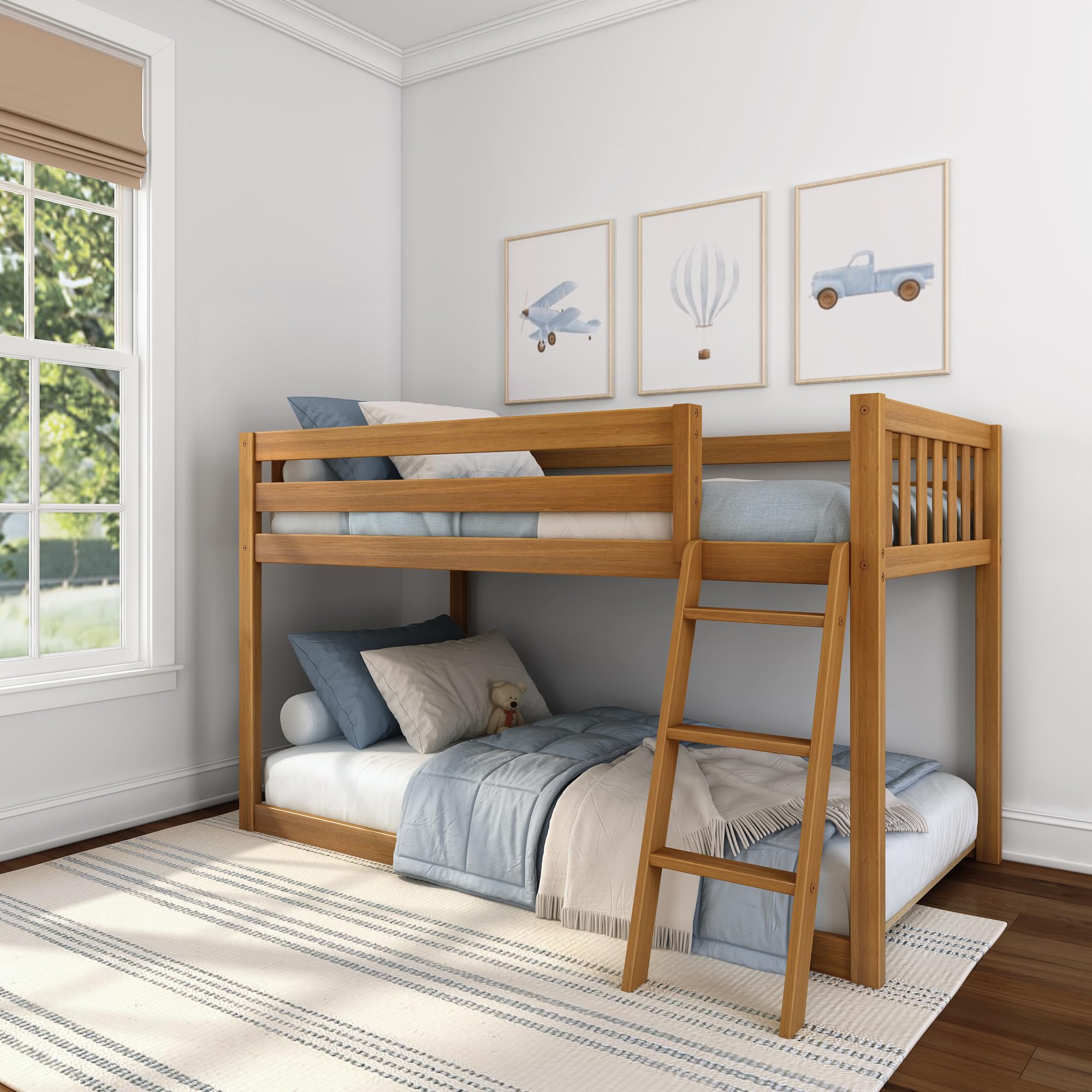 Photo 1 of Max & Lily Fundamental Twin Low Bunk Bed, Kids Solid Wood Modern Bed Frame with Strong Wooden Slats, Non-Toxic Finishes, High Weight Capacity, Pecan