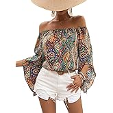 Floerns Women's Boho Off Shoulder 3/4 Bell Sleeve Summer Blouse Top