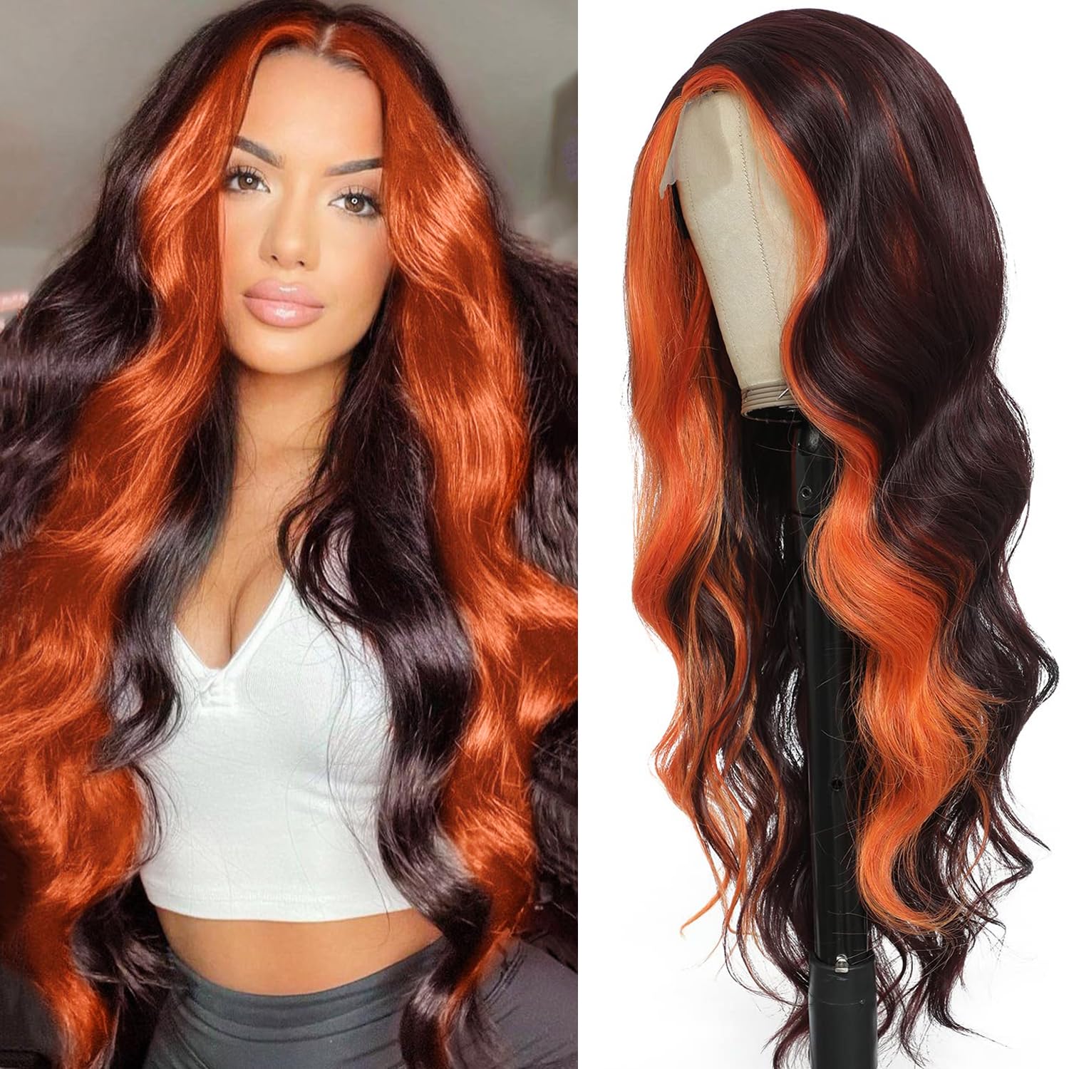 YEESHEDO Long Wavy Curly Burgundy Red with Orange Highlight Wigs for Women Natural Synthetic Hair Wigs Lace Middle Part for Daily Party Use 28 Inch(dark red)
