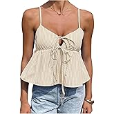 Milumia Women's Striped Babydoll Peplum Tank Top Tie Front Ruffle V Neck Spaghetti Strap Cami Crop Top