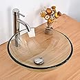 Aquaterior Bathroom Tempered Glass Vessel Countertop Sink 16" Vanity Round Basin Bowl Transparent Minimalist Design (FAUCET NOT INCLUDED)