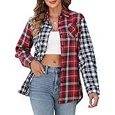 Quatrefox Womens Button Down Flannel Shirts Long Sleeve Plaid Shackets Business Casual Blouse Color Block Top