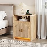 Nightstand with Charging Station and LED Lights, Night Stands with Adjustable Storage Cabinet, Modern Side Table with Fluted Doors and Open Storage, Bedside Table for Bedroom, Natural