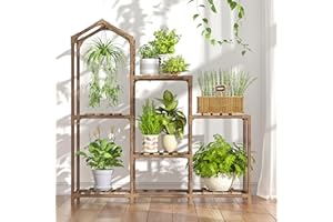 Tikea Plant Stand Indoor Outdoor Castle-shaped Plant Stand for Multiple Plants Wooden Plant Shelf Organizer Display Flowers Rack for Corner Living Room Balcony Patio (Model A 6 Tiers)