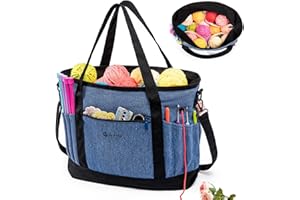 MYBAGZING Canvas Yarn Storage Organizer Bag Washable Crochet Bag with Pockets for Yarn, Hooks, Needles – Travel Knitting Tote for Crafters – Gift for Crocheters & Knitters (Medium/Large)