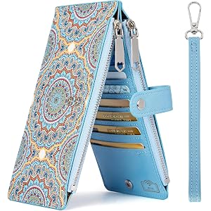 COSHAYSOO Personalized RFID Wallet Wristlet for Women Boho Blue Floral | Large Long Slim PU Leather Bifold 16 Cards Holder, P