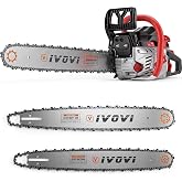 IVOVI 63CC Gas Chainsaw with 20-Inch and 18-Inch Bars, Silver | 3.7HP 2-Cycle Engine, 8500 RPM, 85 ft/s, 14 Lb, Auto Oiler, 2 Chains, Tool Kit, Tree Felling, Firewood, Storm Cleanup