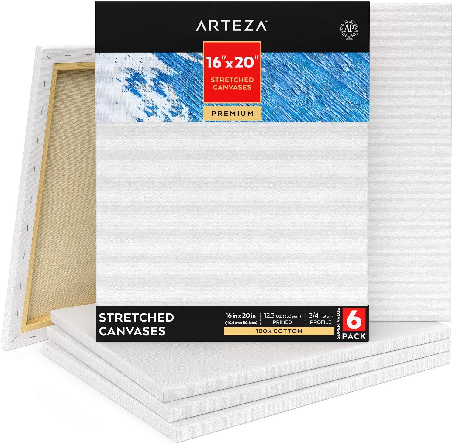 Arteza 16x20” Professional Stretched White Blank Canvas, Bulk Pack of 6