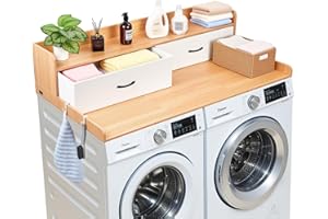 VEVOR Washer Dryer Countertop with Shelf, 54x27.5in Wooden Washer and Dryer Topper with 2 Drawers & 2 Hooks, Laundry Machine 