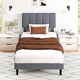 Sweetcrispy Twin Size Bed Frame - Fabric Upholstered Platform Bed with Headboard, 530LBS Sturdy Wooden Slats Support, No Box Spring Needed, Noise Free, Easy Assembly, Grey