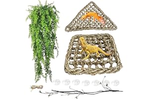 MUYG Bearded Dragon Hammock,Lizard Lounger,Natural Seagrass Reptile Hammocks with Hanging Plants Climbing Jungle Vines Flexible Leaves Habitat Decoration for Lizard Geckos Snakes (4 PCS)