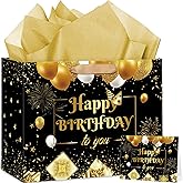 Woosytoo Black Gold Birthday Gift Bag for Men Father Husband Boys Black Gold Glitter Wrapping Bag with Tissue Paper Greeting Card for Birthday Party Decorations Baby Shower Favors