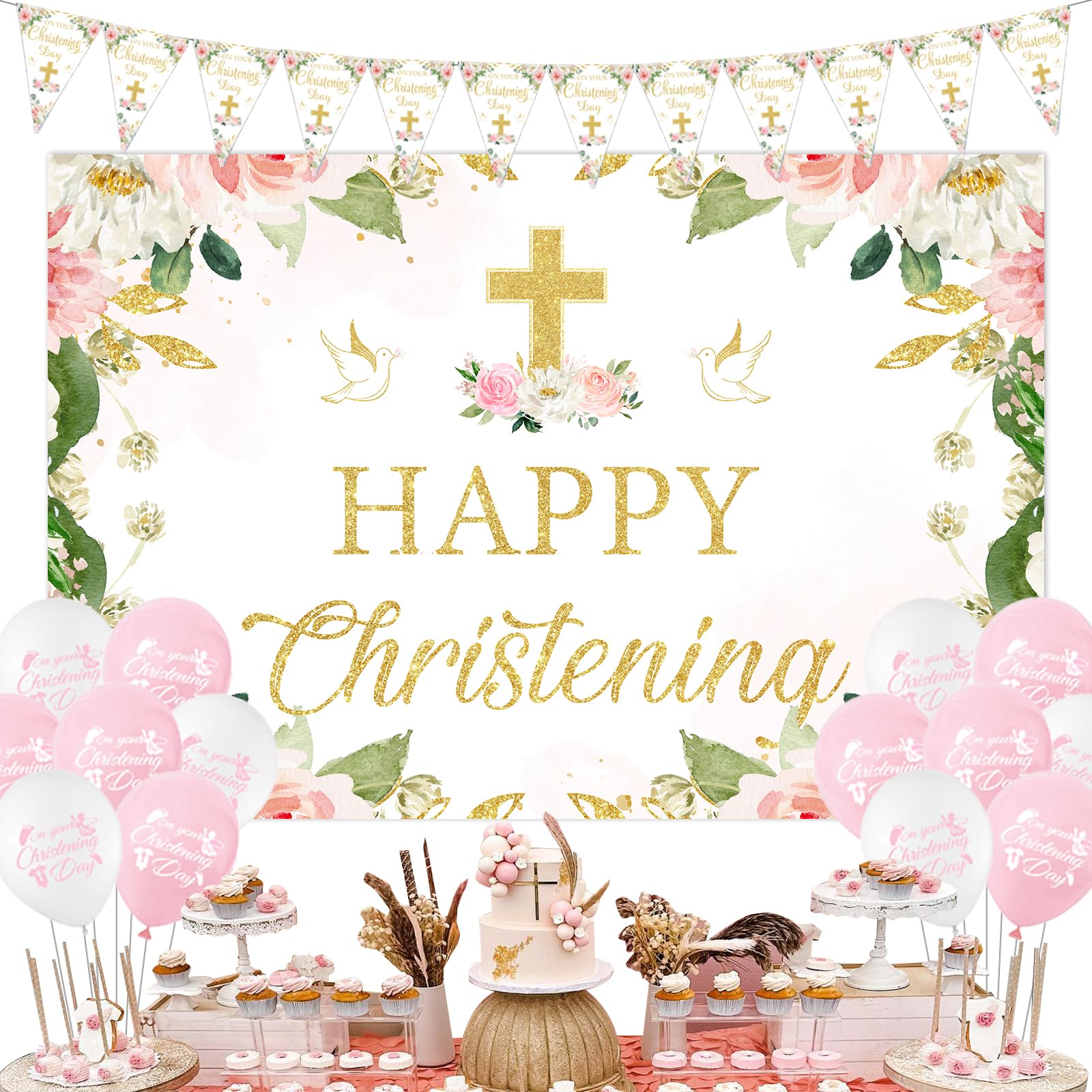 Sursurprise Pink Girls' Christening & Baptism Decorations - Backdrop, Banner, First Communion & Baby Shower Party Supplies