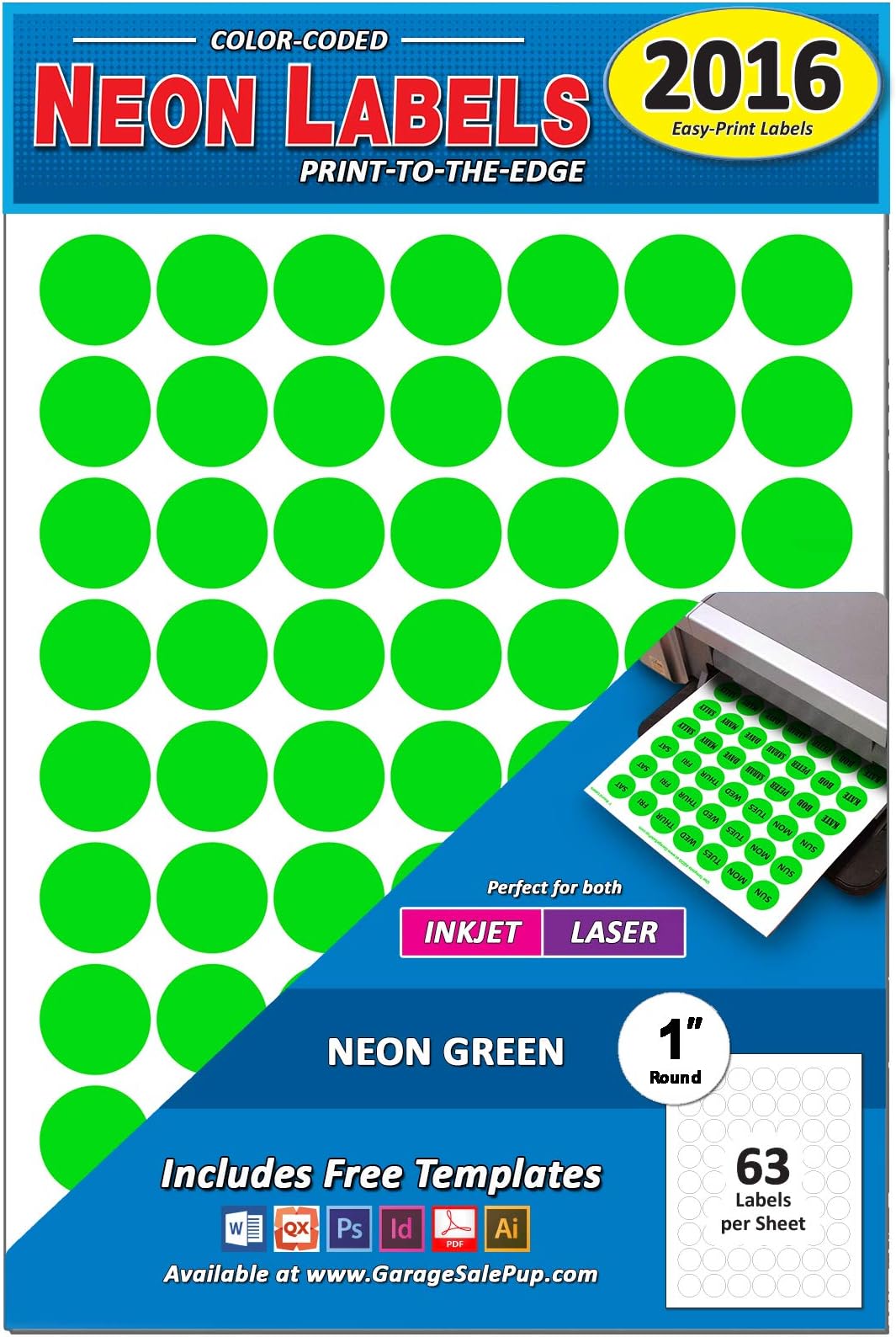 Pack of 2016 1" Round Color Coding Circle Dot Labels, Neon Green, 8 1/2" x 11" Sheet, Fits Any Printer