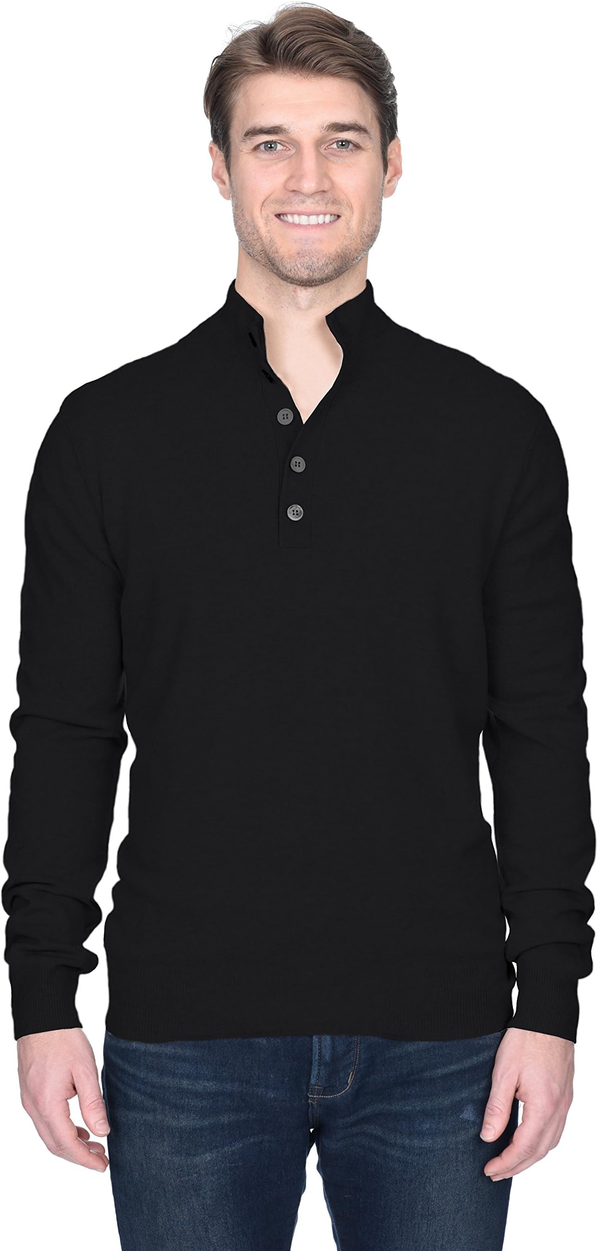 Men's Button Down Mock Neck Sweater Cashmere Merino Wool Polo High Neck Pullover