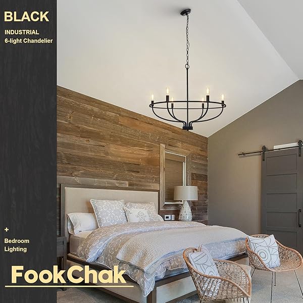 FOOKCHAK BLACK DINING ROOM LIGHT FIXTURE, 6-LIGHT FARMHOUSE BLACK CHANDELIER FOR BEDROOM METAL CANDLE CHANDELIERS HANGING LIGHTING FOR KITCHEN LIVING ROOM ENTRYWAY FOYER, 28.54IN