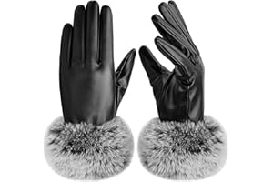 Tavaleu Womens Leather Gloves,Winter Black PU Leather Gloves for Women Touchscreen Fur Cuff Warm Soft Driving Texting Glove