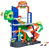 ​Hot Wheels City Ultimate T-Rex Garage &amp; 2 Die-Cast Toy Cars | Track Set Includes 2 1:64 Scale Vehicles with Dino Nemesis, Storage for 50+ Cars &amp; Trucks