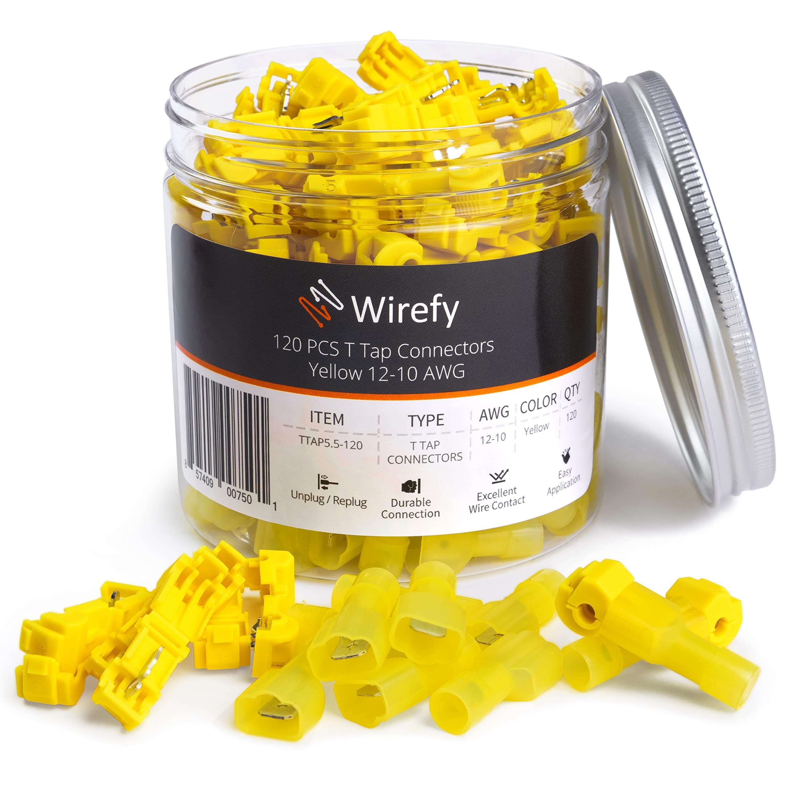 Wirefy 120 PCS T Tap Wire Connectors - Quick Splice Wire Connectors - Quick Disconnect Wire Taps - Yellow 12-10 AWG
