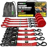 Rhino USA Ratchet Straps Heavy Duty Kit (4-Pack) - 1.6 Inch x 8 Feet Min Break Strength (5,000) - Ultimate Tie Down Straps with Safety S Hooks for Trucks, ATV, UTV, Motorcycle, Cargo & More - Blue