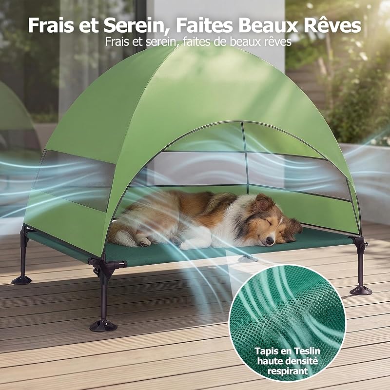 Panier pour Chien Surélevé avec Toit, Pliable avec Pieds Antidérapants, Tente d'extérieur avec Grande Ombre, Lit Rafraîchissant pour Chien, pour Camping, Jardin, Plage et Piscine (Vert, L)