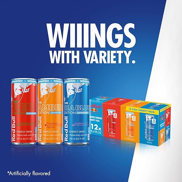 RED BULL SUGAR-FREE ENERGY DRINK VARIETY PACK, ENERGY DRINK, RED, AMBER, & SEA BLUE WITH 80MG CAFFEINE PLUS TAURINE & B VITAMINS, 8.4 FL OZ, PACK OF 12 CANS