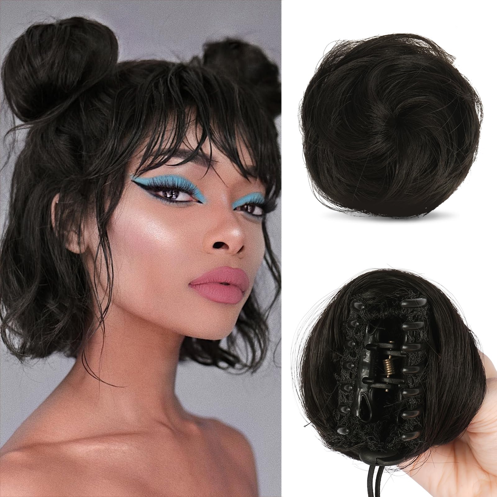 Sofeiyan 2PCS Mini Claw Clip in Synthetic Wig Accessory Updo Space Bun Hair Messy Cat Ears Pieces for Women, Darkest Brown Tend to Black