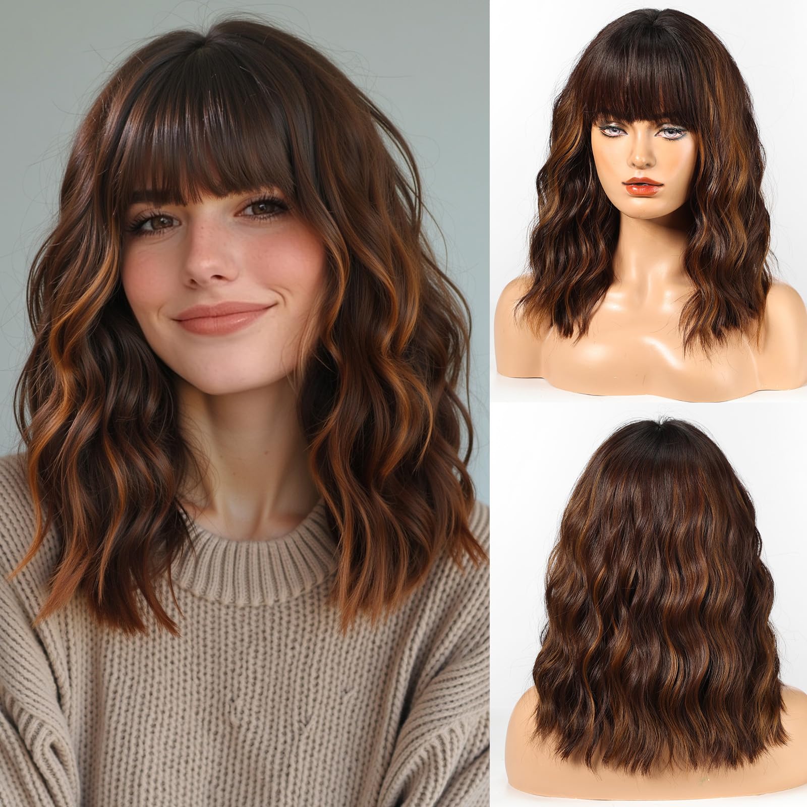 WOKESTAR Bob Wigs With Neat Fringe, Wavy Synthetic Wigs for Women Chocolate Brown with Highlights Color