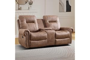 EBELLO Manual Recliner Loveseat Sofa, 2 Seater Reclining Couch Chair with Center Console, Hidden Storage and Cup Holders, Vintage Rivet Mid-Century Design for Living Room, Meeting Room, Dark Brown