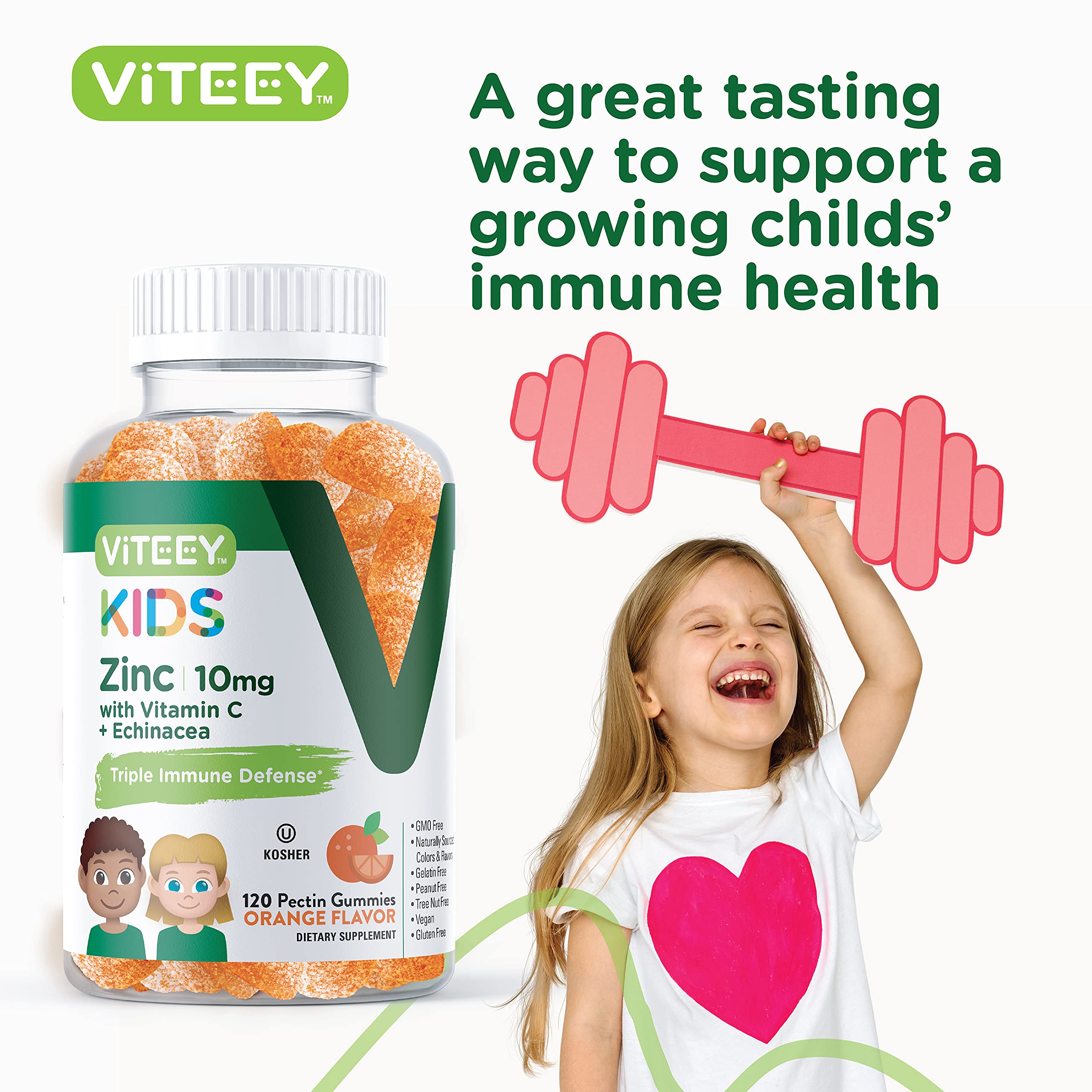 Viteey Zinc for Kids Gummies 10mg, with Vitamin C & Echinacea - Immune Support, Powerful Natural Antioxidant, Kids Zinc Vitamin Supplement - Vegan, Gelatin Free - Tasty Chewable Orange Flavor Gummy