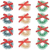 DEARMAMY Mini Artificial Christmas Wreaths Ornaments, 12pcs Dollhouse Miniature Frost Sisal Christmas Wreath with Bow Farmhouse Xmas Tree Hanging Pendant for Holiday Festival Decorations