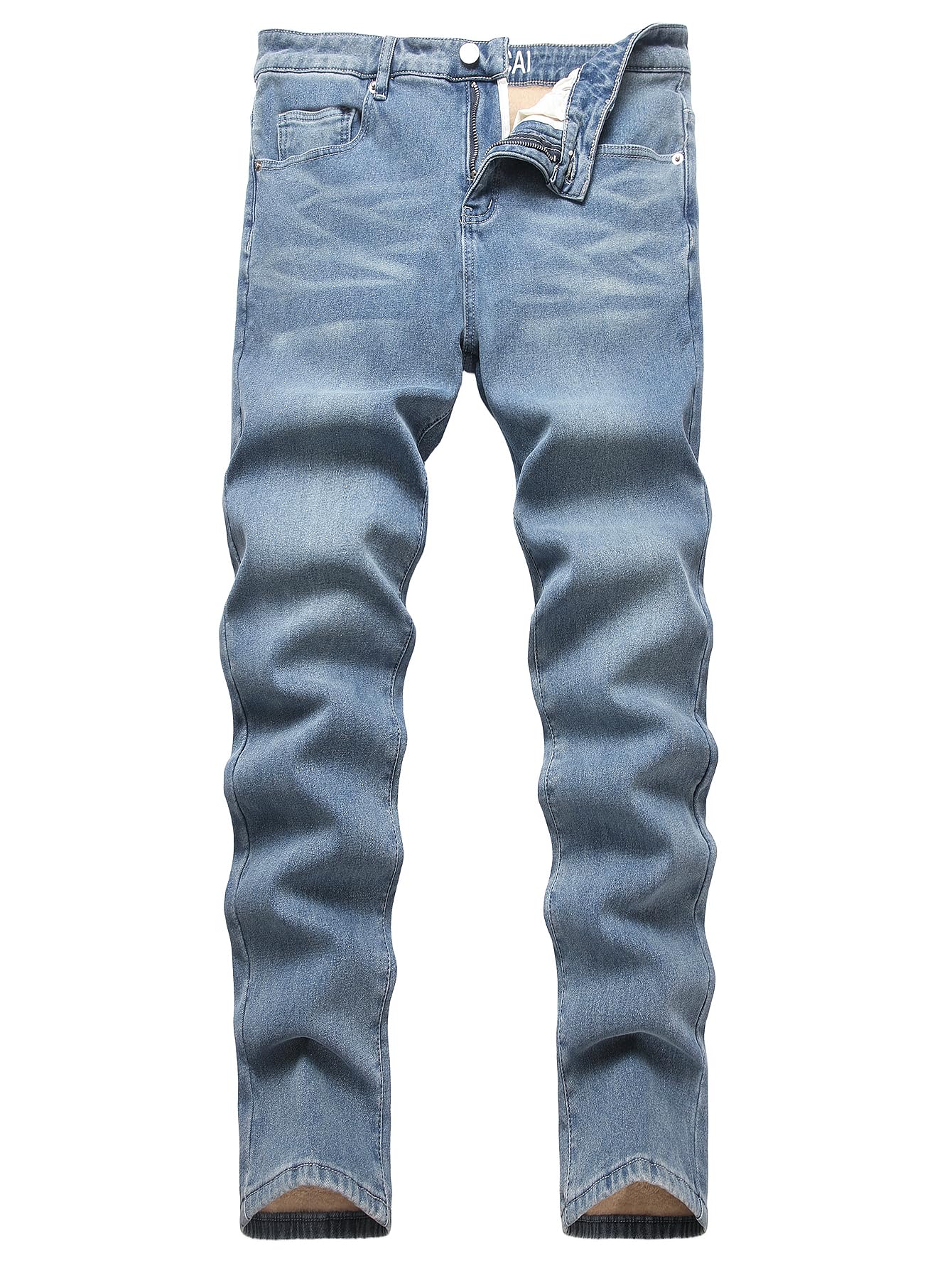 Photo 1 of ABSECAI Mens Winter Fleece Jeans Pant Stretch Skinny Slim Fit Light Blue 32