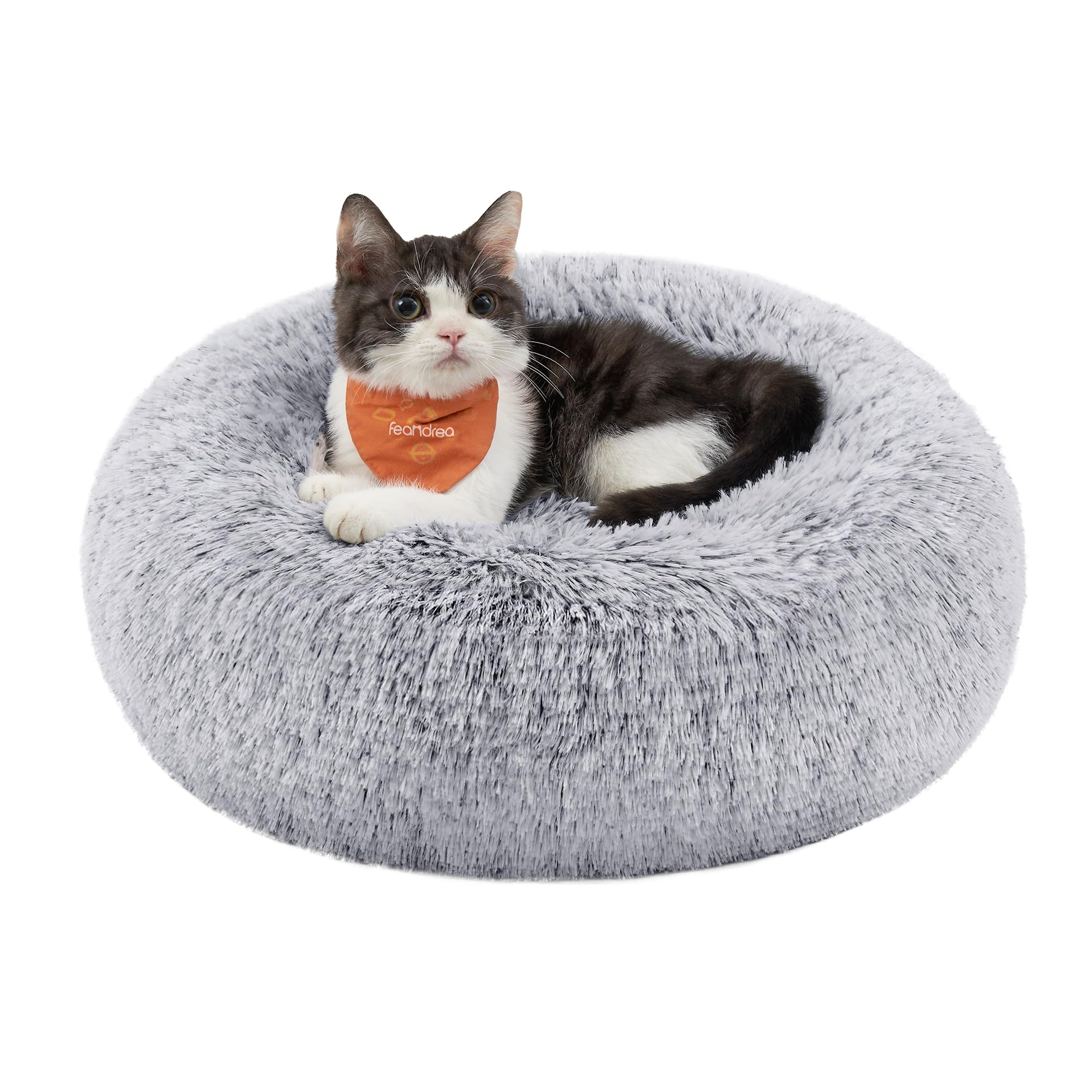 Feandrea Dog Bed, Donut Cat Bed, Fluffy Calming Pet Bed with Removable, Washable Cover, Soft Long Plush, 40 cm, Grey Ombré PGW036G01