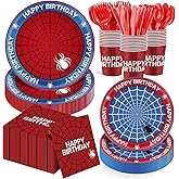 168Pcs Spider Birthday Decorations, Includes Plates Napkins Cups Knives Forks Spoons, Serve 24
