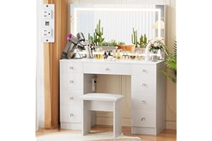 VOWNER Vanity with Lighted Mirror - Makeup Vanity Desk with Power Outlet and 9 Drawers, 3 Color Lighting Modes Adjustable Brightness, 43" Vanity Table with Soft Cushioned Stool for Women Girls, White