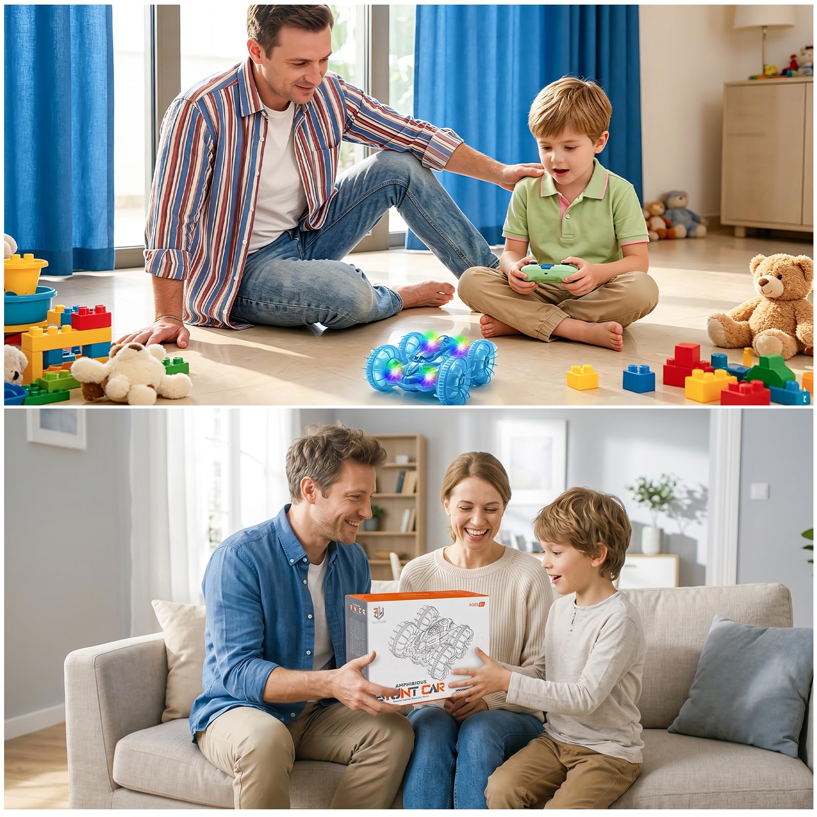 Morofme Amphibienfahrzeug Ferngesteuert Auto, 2.4GHz Ferngesteuertes Auto Kinder, 4WD 360° Stunt RC Car RGB Licht, 90Min Spielzeit Ferngesteuertes Auto ab 4-12 Jahre für Outdoor Pool Strand Spielzeug 7