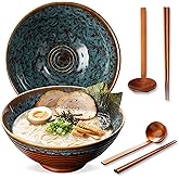 ArtifexCeram 8 Inch Ceramic Ramen Bowl Set of 2, 40oz Japanese Bowls with Spoons & Chopsticks,Durable,Microwave & Dishwasher Safe,Perfect for Ramen,Pho,Salad,Soup,Noodles，Mixing bowls（Verdigris Green）