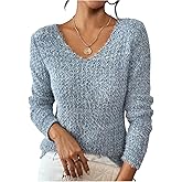 SHENHE Women's V Neck Fuzzy Trim Sweater Long Sleeve Soft Knit Loose Trendy Fall Sweater Jumper