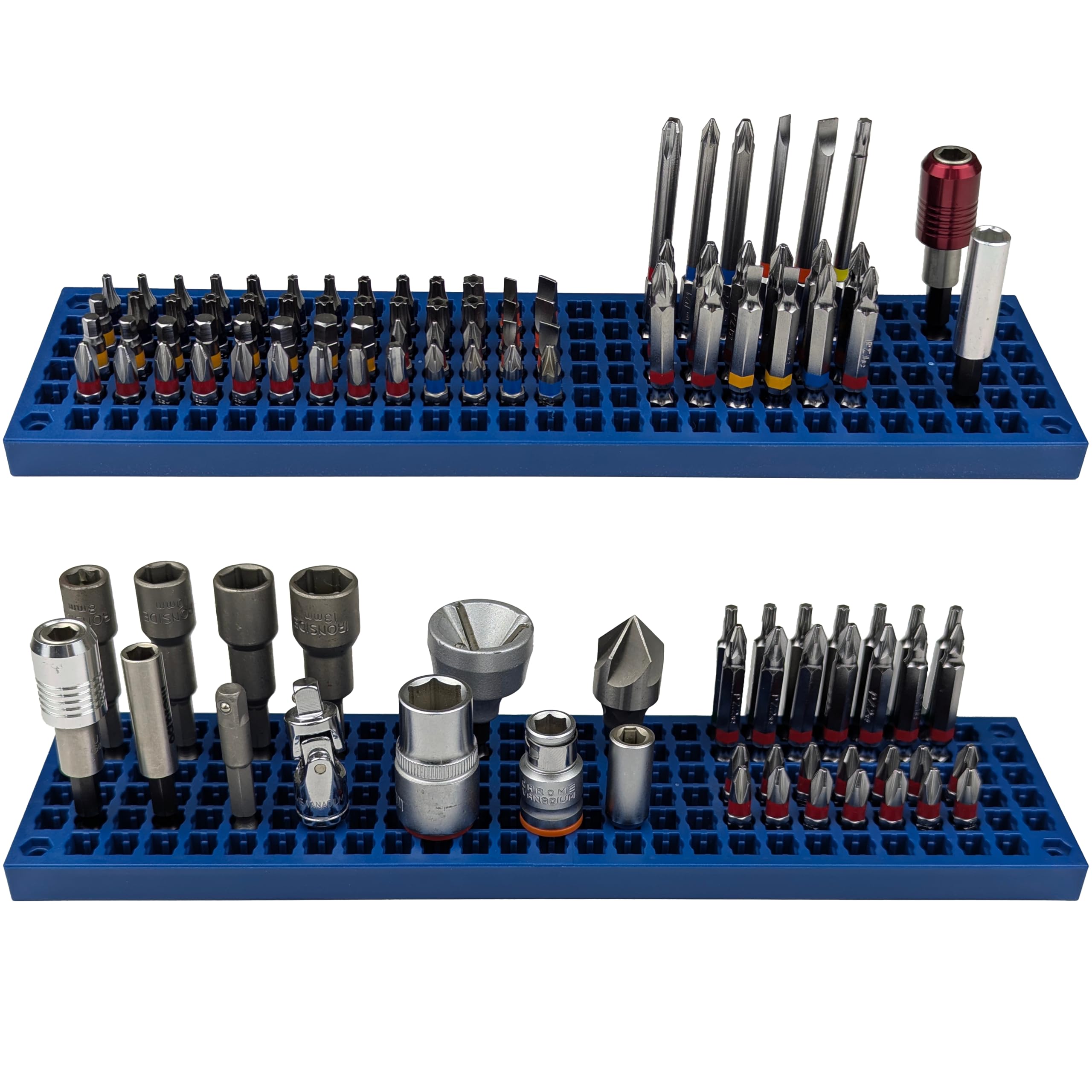 Free Zone 158-Hole Bit Organiser Tray, 2-Pack, Blue - 1/4 Inch Hex Tool Drawer Insert and Chest Divider - Patented Non-Magnetic Taper Lock Rack for Impact Driver, Torx and Screwdriver Bits