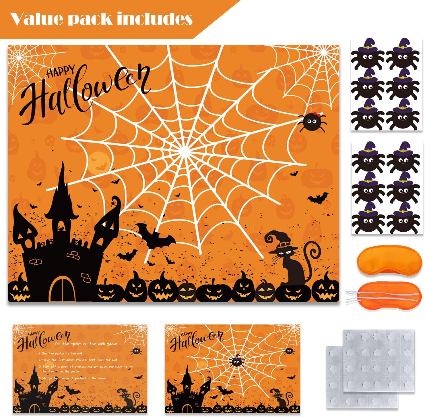 Halloween Party Games Pin The Spider on The Web Game Reusable Pin Game Spider Web Halloween Gift Halloween Party Favor Supplies for Kids Girls Boys: Toys & Games