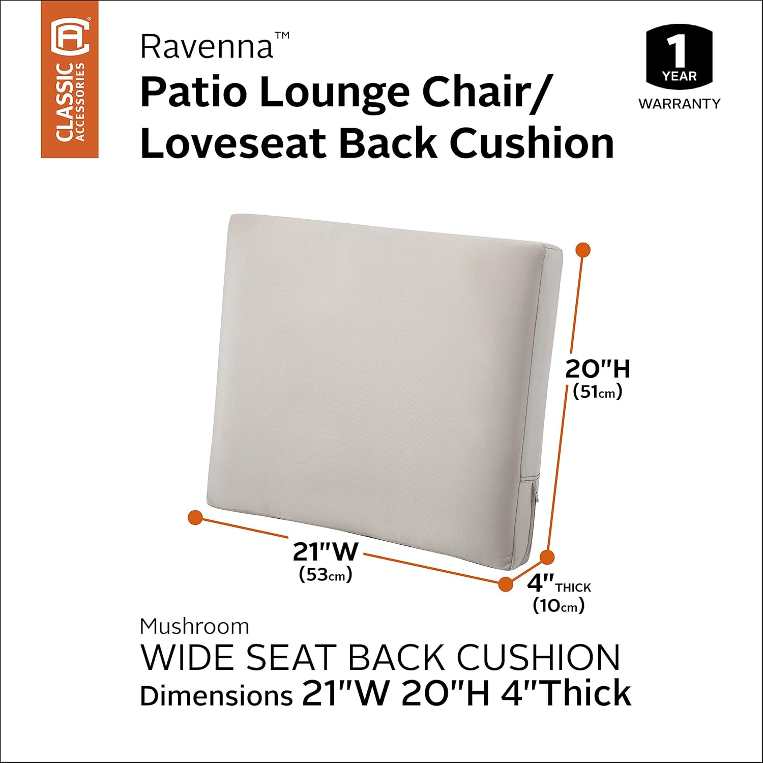 Classic Accessories Ravenna Water-Resistant 21 x 20 x 4 Inch Patio Back Cushion, Mushroom : Garden & Outdoor