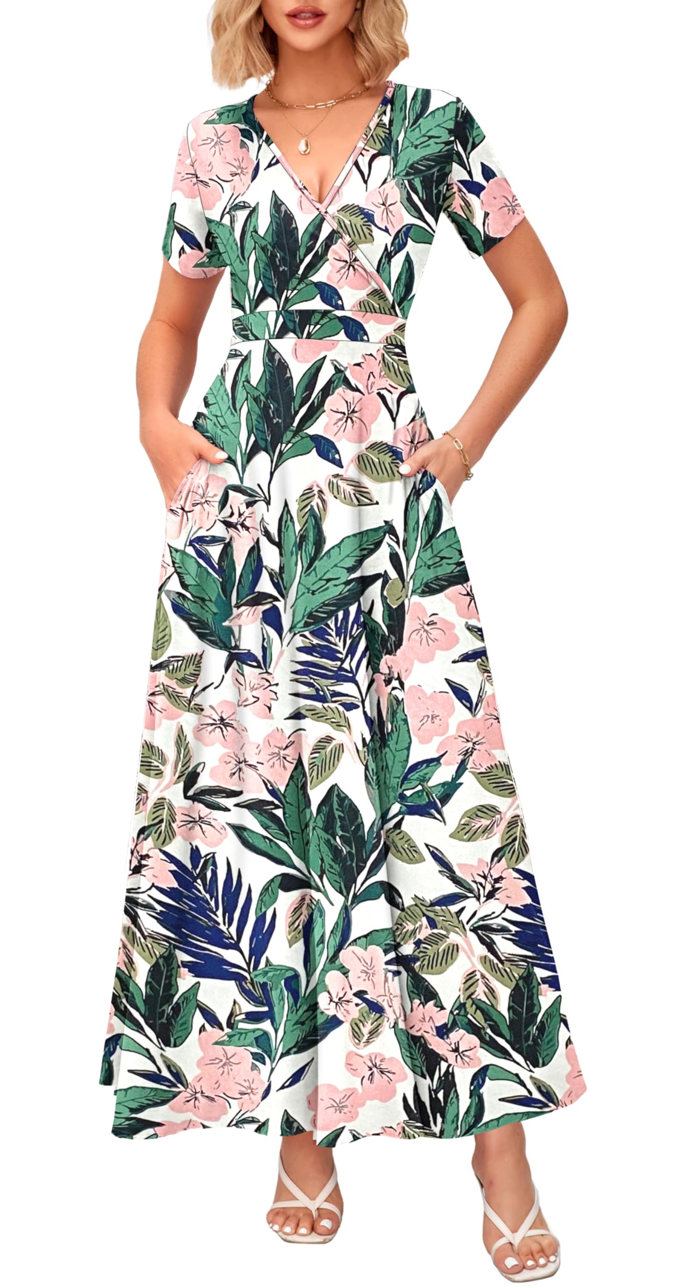 WNEEDU Women's Summer Maxi Dress Short Sleeves Wrap V Neck Long Dresses with Pockets(Flower Pink White,2XL) Image